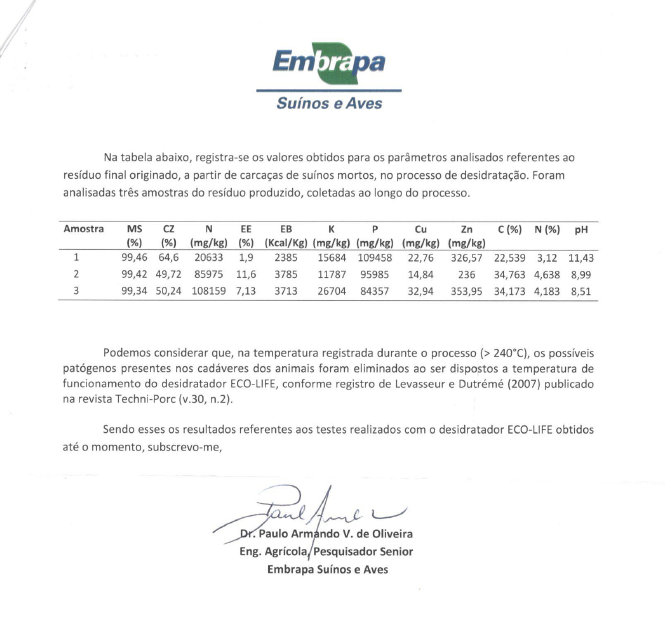 Carta técnica da Embrapa Suínos e Aves atestando a eliminação de patógenos
                  no processo do ECO-LIFE, assinada pelo Dr. Paulo Armando V. de Oliveira