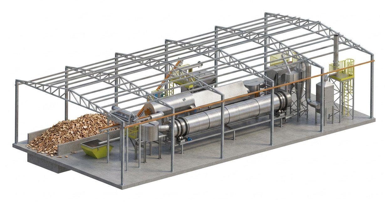 Render do sistema ECOENERGY&reg;: secador rotativo, queimador de lodo,
                    caldeira, lavador de gases e chamine