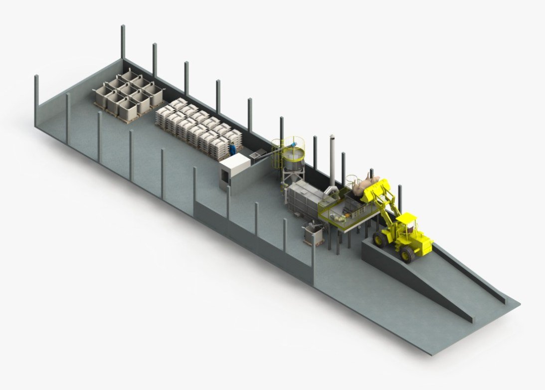 Layout do galpão: linha de processo, estoque de pellet e paletes de fertilizante